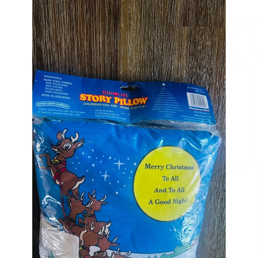 Vintage 1996 Rudolph Red-Nosed Reindeer Story Pillow New Sealed Montgomery Ward